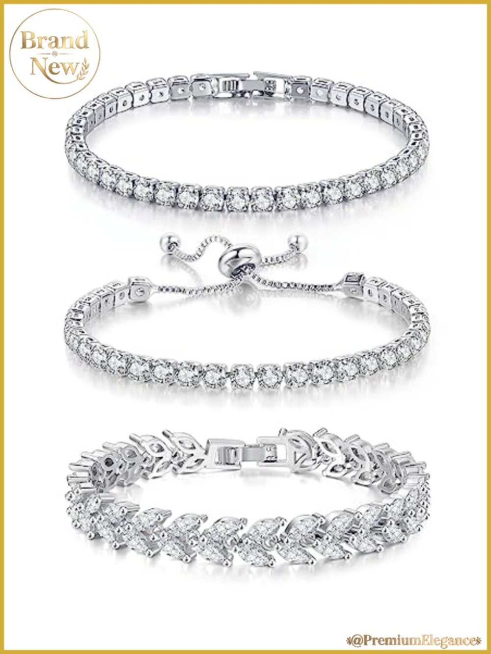 3 Pc Tennis Bracelet Set, Cubic Zirconia Prong Set, Adjustable Sliding Clasp